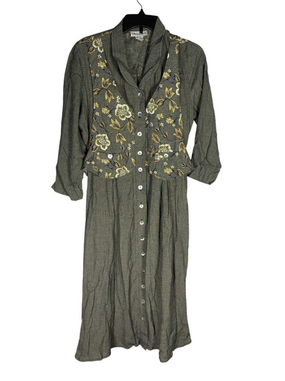 Ultra Dress Floral Embroidered Button-Down Midi Dress 10 Rayon Green Vintage - Picture 2 of 7